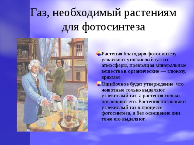 Газ, необходимый растениям для фотосинтеза Растения благодаря фотосинтезу усваивают углекислый газ из атмосферы, превращая минеральные вещества в органические — глюкозу, крахмал. Ошибочное будет утверждение, что животные только выделяют углекислый газ, а растения только поглощают его. Растения поглощают углекислый газ в процессе фотосинтеза, а без освещения они тоже его выделяют. Растения благодаря фотосинтезу усваивают углекислый газ из атмосферы, превращая минеральные вещества в органические — глюкозу, крахмал. Ошибочное будет утверждение, что животные только выделяют углекислый газ, а растения только поглощают его. Растения поглощают углекислый газ в процессе фотосинтеза, а без освещения они тоже его выделяют. 