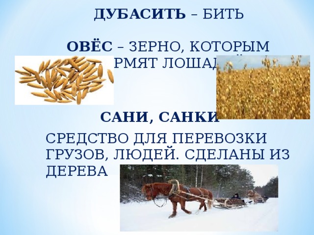 ДУБАСИТЬ – БИТЬ   ОВЁС – ЗЕРНО, КОТОРЫМ КОРМЯТ ЛОШАДЕЙ    САНИ, САНКИ – СРЕДСТВО ДЛЯ ПЕРЕВОЗКИ ГРУЗОВ, ЛЮДЕЙ. СДЕЛАНЫ ИЗ ДЕРЕВА 