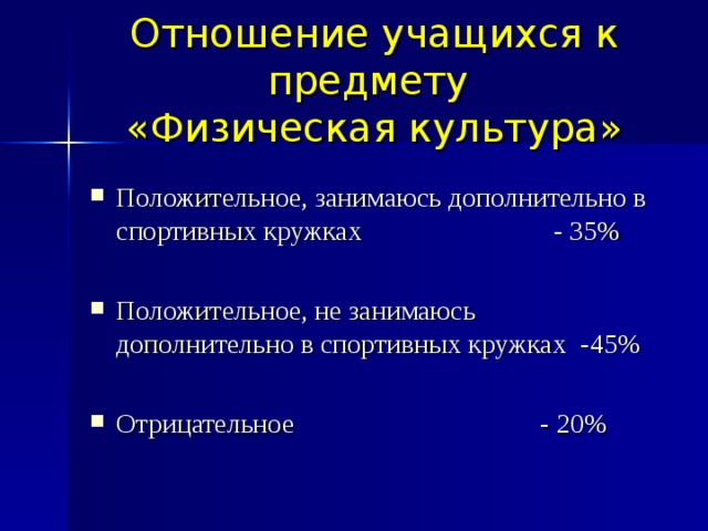 Отношение учащихся к предмету  «Физическая культура» Положительное, занимаюсь дополнительно в спортивных кружках - 35 % Положительное, не занимаюсь дополнительно в спортивных кружках - 45 %  Отрицательное - 20 %  