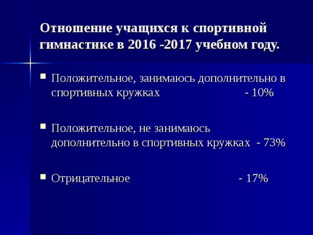 Отношение учащихся к спортивной гимнастике в 20 1 6 -20 1 7  учебном году. Положительное, занимаюсь дополнительно в спортивных кружках - 10% Положительное, не занимаюсь дополнительно в спортивных кружках - 73%  Отрицательное - 17%    