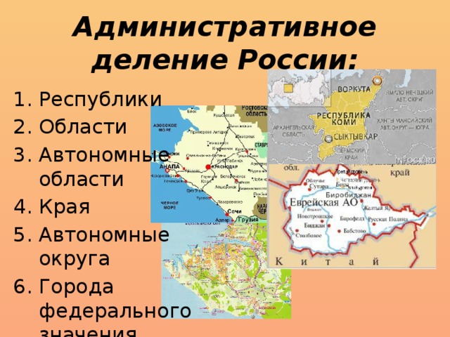 Административное деление России: Республики Области Автономные области Края Автономные округа Города федерального значения 