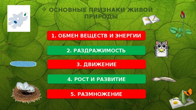 Основные  признаки живой природы 1. ОБМЕН ВЕЩЕСТВ И ЭНЕРГИИ 2. РАЗДРАЖИМОСТЬ 3. ДВИЖЕНИЕ 4. РОСТ И РАЗВИТИЕ 5. РАЗМНОЖЕНИЕ 