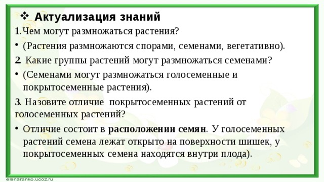 Актуализация знаний 1 .Чем могут размножаться растения? (Растения размножаются спорами, семенами, вегетативно). 2 . Какие группы растений могут размножаться семенами? (Семенами могут размножаться голосеменные и покрытосеменные растения). 3 . Назовите отличие  покрытосеменных растений от голосеменных растений? Отличие состоит в расположении семян . У голосеменных растений семена лежат открыто на поверхности шишек, у покрытосеменных семена находятся внутри плода). 