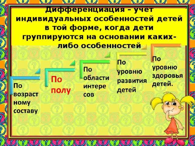 Дифференциация – учёт индивидуальных особенностей детей в той форме, когда дети группируются на основании каких-либо особенностей 