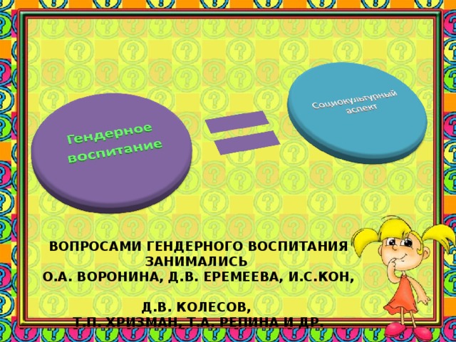 ВОПРОСАМИ ГЕНДЕРНОГО ВОСПИТАНИЯ ЗАНИМАЛИСЬ  О.А. ВОРОНИНА, Д.В. ЕРЕМЕЕВА, И.С.КОН,  Д.В. КОЛЕСОВ,  Т.П. ХРИЗМАН, Т.А. РЕПИНА И ДР.   