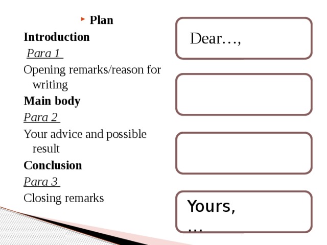 Plan Introduction  Para 1 Opening remarks/reason for writing Main body Para 2 Your advice and possible result Conclusion Para 3 Closing remarks Dear…, Yours, … 