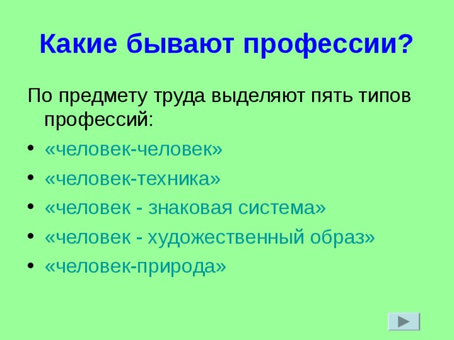 Какие бывают профессии? По предмету труда выделяют пять типов профессий: «человек-человек» «человек-техника» «человек - знаковая система» «человек - художественный образ» «человек-природа»    