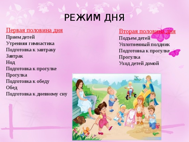 Режим дня Первая половина дня Прием детей Утренняя гимнастика Подготовка к завтраку Завтрак Нод Подготовка к прогулке Прогулка Подготовка к обеду Обед Подготовка к дневному сну Вторая половина дня Подъем детей Уплотненный полдник Подготовка к прогулке Прогулка Уход детей домой 