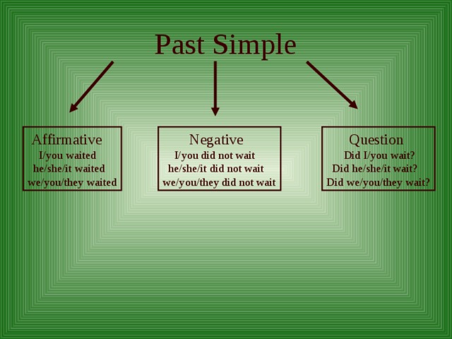 Past Simple  Affirmative  Negative  Question  I/you waited  he/she/it waited we/you/they waited  I/you did not wait  he/she/it did not wait we/you/they did not wait  Did I/you wait?  Did he/she/it wait? Did we/you/they wait? 