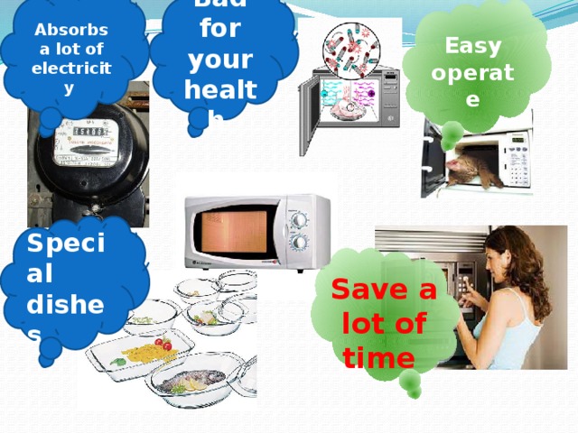 Bad for your health Absorbs a lot of electricity Easy operate Special dishes Save a lot of time 
