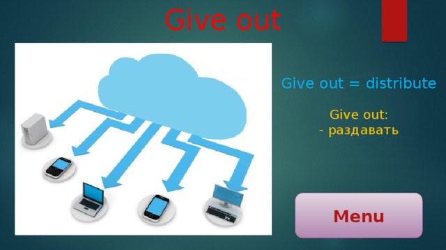Give out Give out = distribute Give out: - раздавать Menu 