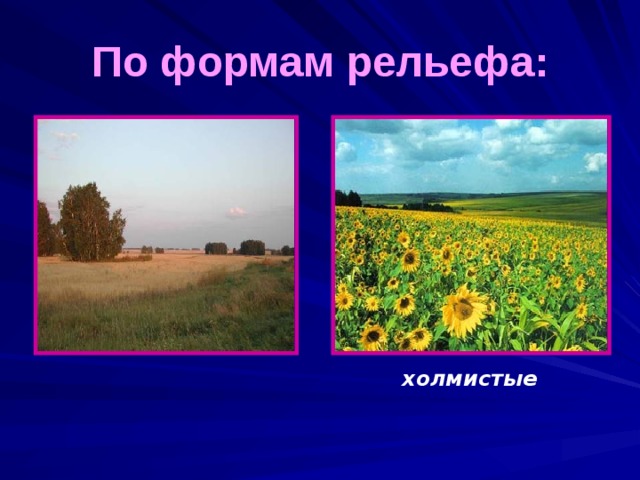 По формам рельефа:   плоские холмистые 