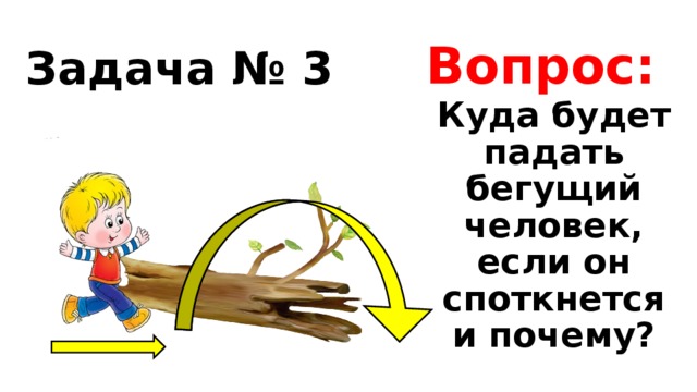 Вопрос: Задача № 3 Куда будет падать бегущий человек, если он споткнется и почему? 