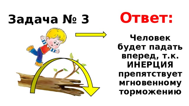 Ответ: Задача № 3 Человек будет падать вперед, т.к. ИНЕРЦИЯ препятствует мгновенному торможению 