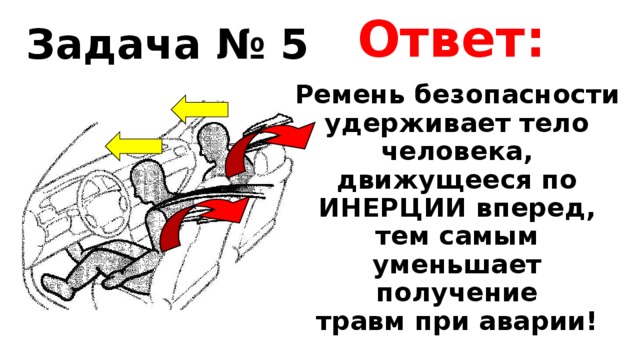 Ответ: Задача № 5 Ремень безопасности удерживает тело человека, движущееся по ИНЕРЦИИ вперед, тем самым уменьшает получение травм при аварии! 