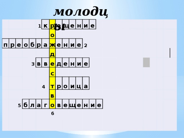 молодцы   п   р   е о   1 к   б р р   о е а  3 ж щ   в е д в  5 е н   б н е и с д л   4 и   а е т е е  2 г р в н о о и  6 в е и е ц а щ е н и е 