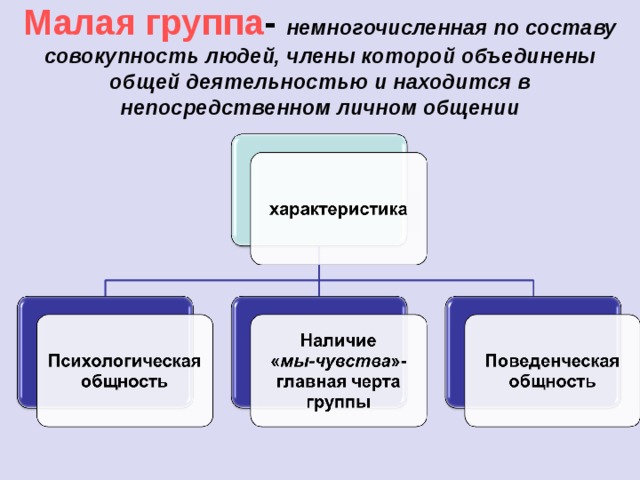 Малая группа -  немногочисленная по составу совокупность людей, члены которой объединены общей деятельностью и находится в непосредственном личном общении 