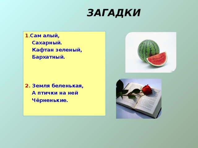 ЗАГАДКИ 1 . Сам алый,  Сахарный.  Кафтан зеленый,  Бархатный. 2. Земля беленькая,  А птички на ней  Чёрненькие. 