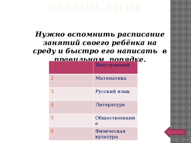 РАСПИСАНИЕ Нужно вспомнить расписание занятий своего ребёнка на среду и быстро его написать в правильном порядке. 1 2 Иностранный 3 Математика Русский язык 4 5 Литература 6 Обществознание Физическая культура 