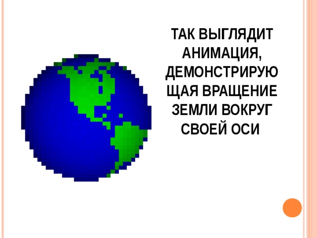 ТАК ВЫГЛЯДИТ АНИМАЦИЯ, ДЕМОНСТРИРУЮЩАЯ ВРАЩЕНИЕ ЗЕМЛИ ВОКРУГ СВОЕЙ ОСИ . 