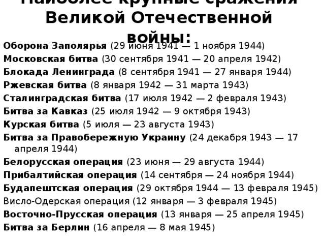  Наиболее крупные сражения Великой Отечественной войны:   Оборона Заполярья (29 июня 1941 — 1 ноября 1944) Московская битва (30 сентября 1941 — 20 апреля 1942) Блокада Ленинграда (8 сентября 1941 — 27 января 1944) Ржевская битва (8 января 1942 — 31 марта 1943) Сталинградская битва (17 июля 1942 — 2 февраля 1943) Битва за Кавказ (25 июля 1942 — 9 октября 1943) Курская битва (5 июля — 23 августа 1943)  Битва за Правобережную Украину (24 декабря 1943 — 17 апреля 1944) Белорусская операция (23 июня — 29 августа 1944) Прибалтийская операция (14 сентября — 24 ноября 1944) Будапештская операция (29 октября 1944 — 13 февраля 1945) Висло-Одерская операция (12 января — 3 февраля 1945) Восточно-Прусская операция (13 января — 25 апреля 1945) Битва за Берлин (16 апреля — 8 мая 1945) 