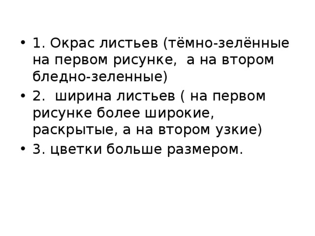 1. Окрас листьев (тёмно-зелённые на первом рисунке, а на втором бледно-зеленные) 2. ширина листьев ( на первом рисунке более широкие, раскрытые, а на втором узкие) 3. цветки больше размером. 