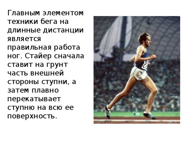 Главным элементом техники бега на длинные дистанции является правильная работа ног. Стайер сначала ставит на грунт часть внешней стороны ступни, а затем плавно перекатывает ступню на всю ее поверхность. 