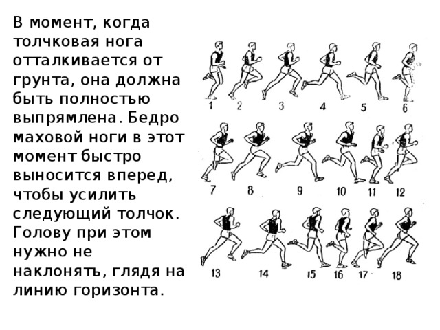 В момент, когда толчковая нога отталкивается от грунта, она должна быть полностью выпрямлена. Бедро маховой ноги в этот момент быстро выносится вперед, чтобы усилить следующий толчок. Голову при этом нужно не наклонять, глядя на линию горизонта. 