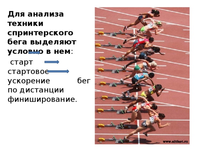 Для анализа техники спринтерского бега выделяют условно в нем :  старт стартовое ускорение бег по дистанции финиширование. 