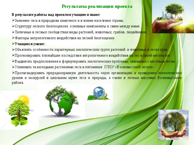 Результаты реализации проекта В результате работы над проектом учащиеся знают : Значение леса в природном комплексе и в жизни населения страны. Структуру лесного биогеоценоза: основные компоненты и связи между ними. Типичные в лесных сообществах виды растений, животных, грибов, лишайников. Факторы антропогенного воздействия на лесной биогеоценоз. Учащиеся умеют : Объяснять особенности характерных экологических групп растений и животных в лесах края. Прогнозировать ближайшие последствия антропогенного воздействия на лес в своей местности. Выдвигать предположения и формулировать экологические проблемы, связанные с местным лесом. Ухаживать за молодыми растениями леса в питомнике ГЛХУ «Волковысский лесхоз».  Пропагандировать природоохранную деятельность через организацию и проведение экологических уроков и экскурсий в школьном музее леса и природы, а также в лесных массивах Волковысского района. 