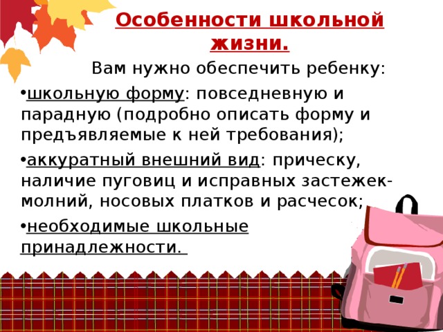 Особенности школьной жизни.    Вам нужно обеспечить ребенку: школьную форму : повседневную и парадную (подробно описать форму и предъявляемые к ней требования); аккуратный внешний вид : прическу, наличие пуговиц и исправных застежек-молний, носовых платков и расчесок; необходимые школьные принадлежности.  
