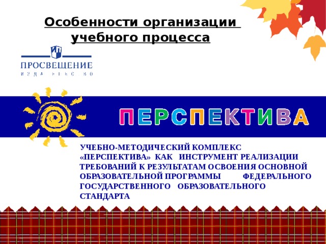 Особенности организации учебного процесса  УЧЕБНО-МЕТОДИЧЕСКИЙ КОМПЛЕКС «ПЕРСПЕКТИВА» КАК ИНСТРУМЕНТ РЕАЛИЗАЦИИ ТРЕБОВАНИЙ К РЕЗУЛЬТАТАМ ОСВОЕНИЯ ОСНОВНОЙ ОБРАЗОВАТЕЛЬНОЙ ПРОГРАММЫ  ФЕДЕРАЛЬНОГО ГОСУДАРСТВЕННОГО  ОБРАЗОВАТЕЛЬНОГО СТАНДАРТА 