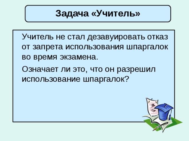 Задача «Учитель»  Учитель не стал дезавуировать отказ от запрета использования шпаргалок во время экзамена.  Означает ли это, что он разрешил использование шпаргалок?  