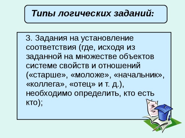 Типы логических заданий :        3. Задания на установление соответствия (где, исходя из заданной на множестве объектов системе свойств и отношений («старше», «моложе», «начальник», «коллега», «отец» и т. д.), необходимо определить, кто есть кто); 
