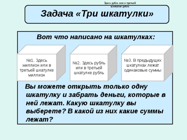 Здесь рубль или в третьей шкатулке рубль  Задача «Три шкатулки»        Вот что написано на шкатулках:      Вы можете открыть только одну шкатулку и забрать деньги, которые в ней лежат. Какую шкатулку вы выберете? В какой из них какие суммы лежат? № 1. Здесь миллион или в третьей шкатулке миллион № 2. Здесь рубль или в третьей шкатулке рубль № 3. В предыдущих шкатулках лежат одинаковые суммы 