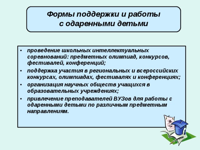 Формы поддержки и работы с одаренными детьми проведение школьных интеллектуальных соревнований: предметных олимпиад, конкурсов, фестивалей, конференций; поддержка участия в региональных и всероссийских конкурсах, олимпиадах, фестивалях и конференциях; организация научных обществ учащихся в образовательных учреждениях; привлечение преподавателей ВУЗов для работы с одаренными детьми по различным предметным направлениям.  