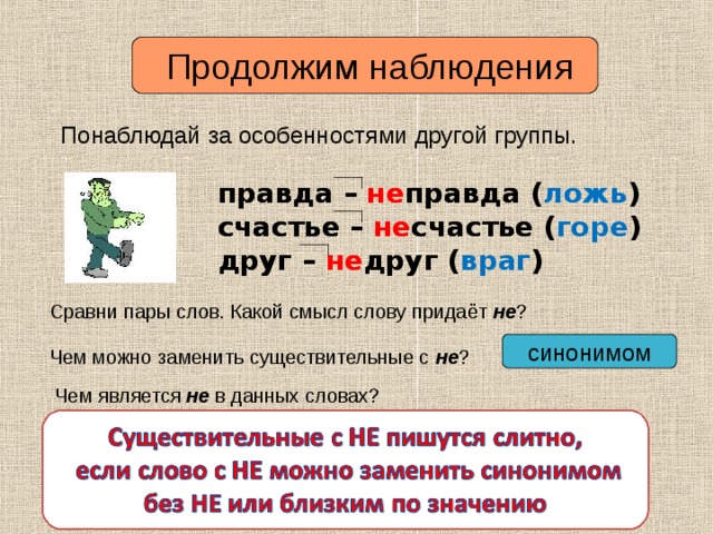  Продолжим наблюдения Понаблюдай за особенностями другой группы. правда – не правда  счастье – не счастье  друг – не друг  правда – не правда ( ложь ) счастье – не счастье ( горе ) друг – не друг ( враг ) Сравни пары слов. Какой смысл слову придаёт не ? синонимом Чем можно заменить существительные с не ? Чем является не в данных словах? Сделайте 2-й вывод о слитном написании существительных с не . 