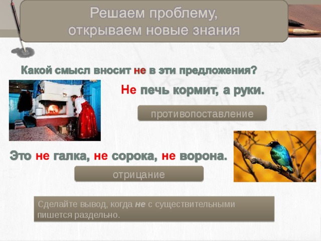 противопоставление отрицание Сделайте вывод, когда не с существительными пишется раздельно. 