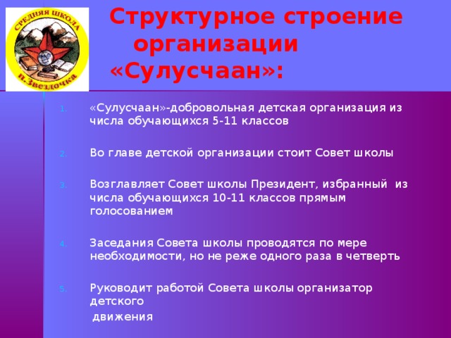   Структурное строение организации «Сулусчаан»:   «Сулусчаан»-добровольная детская организация из числа обучающихся 5-11 классов Во главе детской организации стоит Совет школы Возглавляет Совет школы Президент, избранный из числа обучающихся 10-11 классов прямым голосованием Заседания Совета школы проводятся по мере необходимости, но не реже одного раза в четверть Руководит работой Совета школы организатор детского  движения 