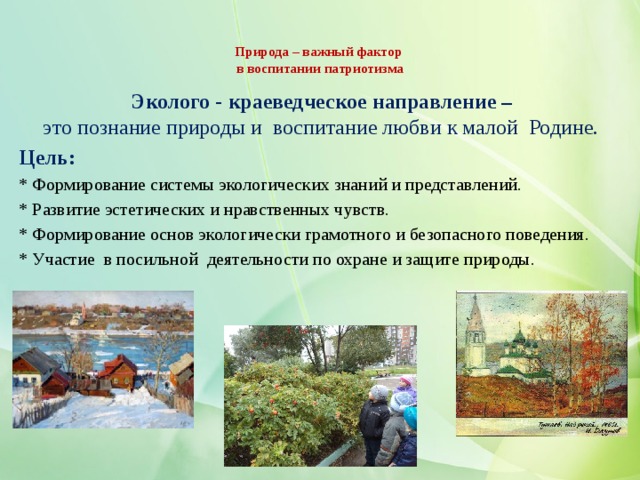 Природа – важный фактор  в воспитании патриотизма    Эколого - краеведческое направление – это познание природы и воспитание любви к малой Родине. Цель: * Формирование системы экологических знаний и представлений. * Развитие эстетических и нравственных чувств. * Формирование основ экологически грамотного и безопасного поведения. * Участие в посильной деятельности по охране и защите природы.   