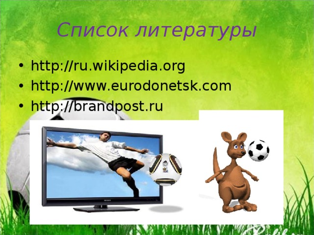 Список литературы http://ru.wikipedia.org http://www.eurodonetsk.com http://brandpost.ru   