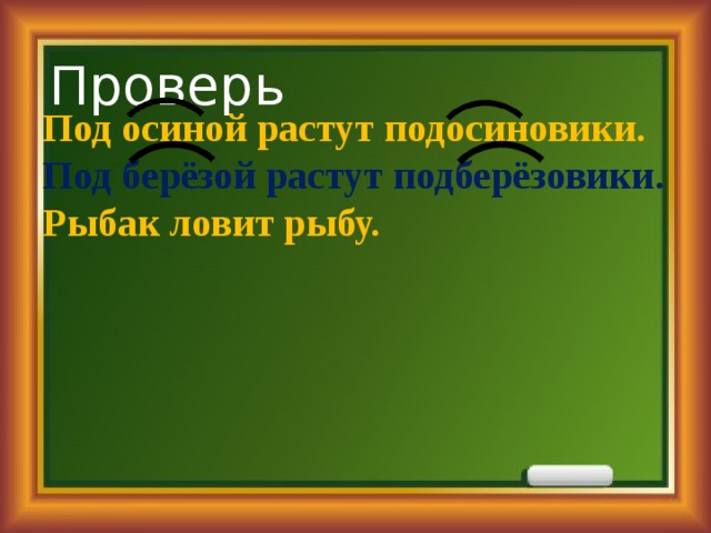 Проверь Под осиной растут подосиновики. Под берёзой растут подберёзовики. Рыбак ловит рыбу. 