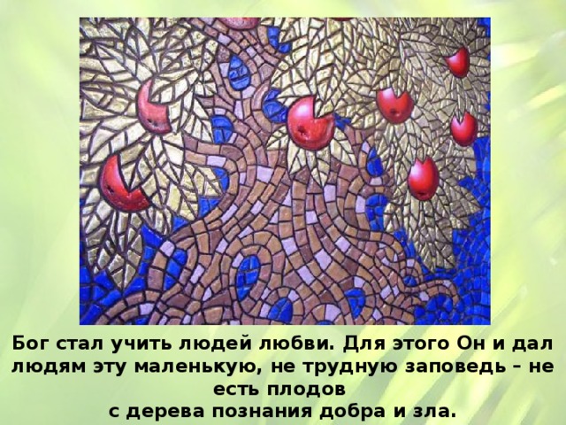 Бог стал учить людей любви. Для этого Он и дал людям эту маленькую, не трудную заповедь – не есть плодов с дерева познания добра и зла. 