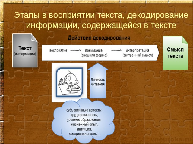 Этапы в восприятии текста, декодирование информации, содержащейся в тексте 