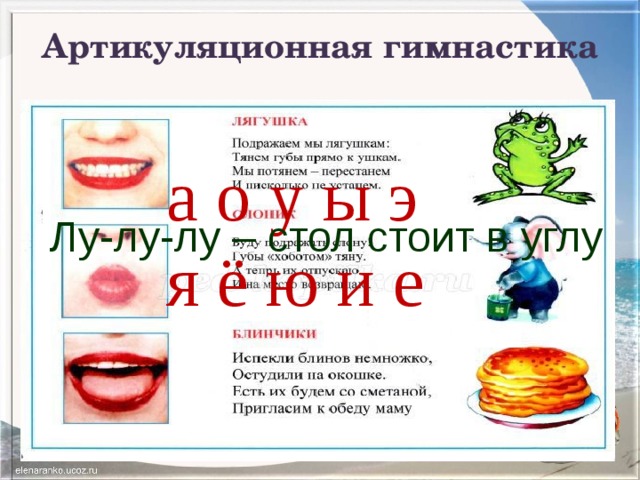 Артикуляционная гимнастика   а о у ы э я ё ю и е Лу-лу-лу – стол стоит в углу 