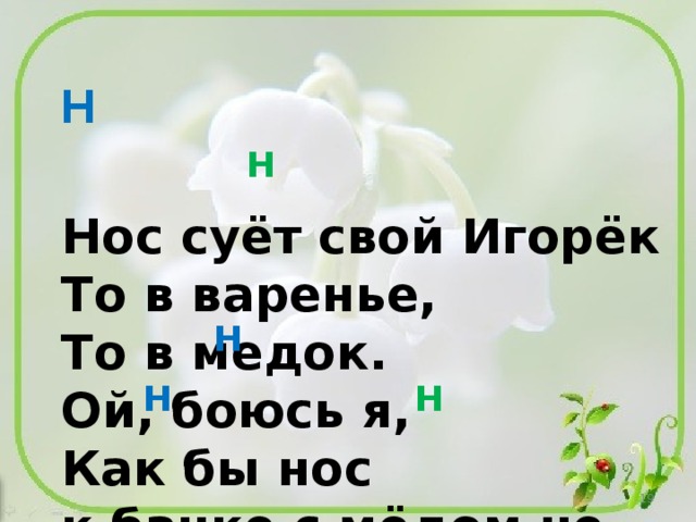 Н н Нос суёт свой Игорёк  То в варенье,  То в медок.  Ой, боюсь я,  Как бы нос  к банке с мёдом не прирос. н н н  