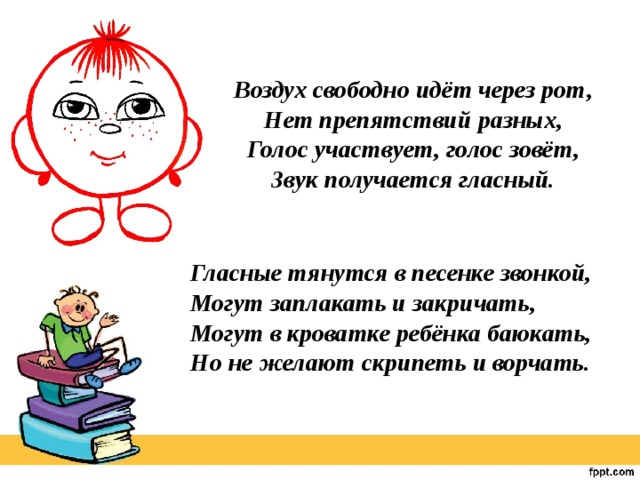 Воздух свободно идёт через рот, Нет препятствий разных, Голос участвует, голос зовёт, Звук получается гласный. Гласные тянутся в песенке звонкой, Могут заплакать и закричать, Могут в кроватке ребёнка баюкать, Но не желают скрипеть и ворчать. 