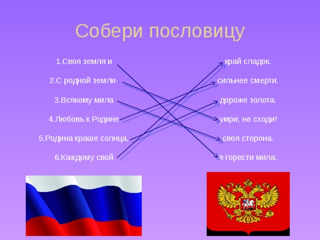 Собери пословицу край сладок. 1.Своя земля и 2.С родной земли- сильнее смерти. 3.Всякому мила дороже золота. умри, не сходи! 4.Любовь к Родине 5.Родина краше солнца, своя сторона. 6.Каждому свой в горести мила. 