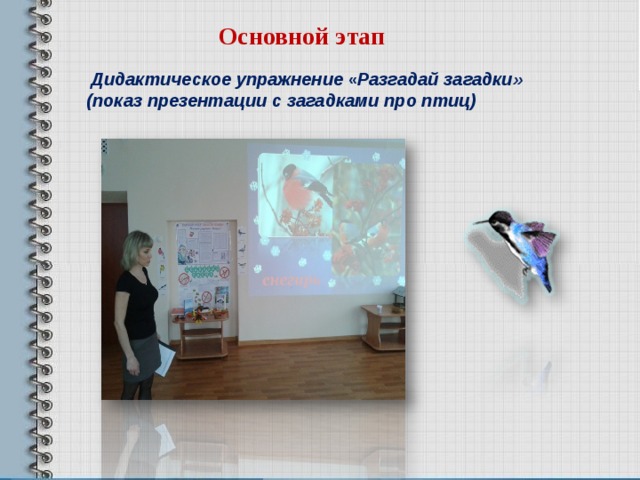  Основной этап  Дидактическое упражнение « Разгадай загадки» (показ презентации с загадками про птиц)    