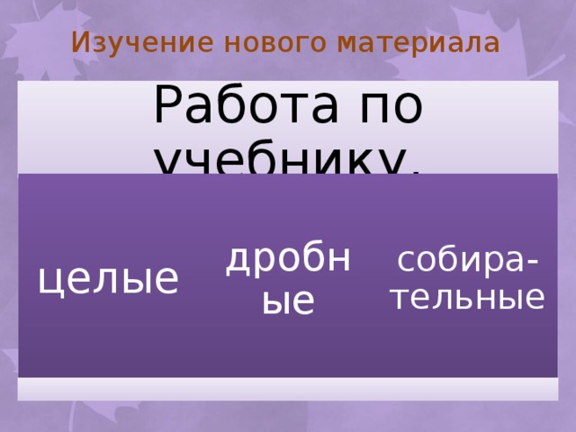 Изучение нового материала Работа по учебнику. целые дробные собира-тельные 